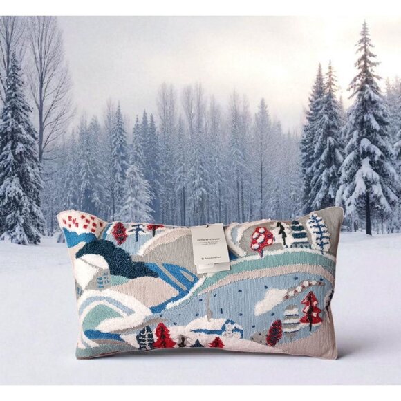 West Elm Pillow Winter Snow Scene Beaded Embellished Button Closure 20" x 11" - Picture 5 of 9